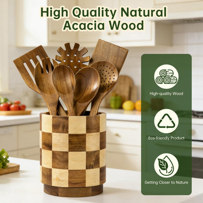Fyctio Wooden Utensil Holder, 360° Rotating Acacia Wood Kitchen Utensil Holder for Countertop, 7.2" Non-Slip Large Utensil Holder for Kitchen, Farmhouse Countertop Decor, Spatula Holders, Checkered