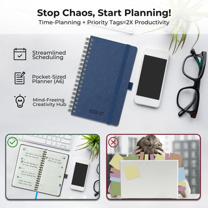 IN-LUXPRO Planner 2026-2027 Daily Weekly and Monthly,6.5"x3.75",18 Months Spiral Bound Calendar Agenda with Self-adhesive Pen Holder,2026 Academic Plan with Vegan Leather Soft Cover,Blue