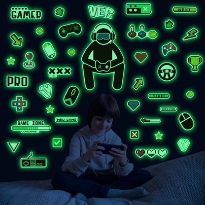 Glow in The Dark Gamer Wall Stickers, Game Controller Joystick Video Gaming Wall Decals, Boys Baby Kids Bedroom Playroom Room Decor Nursery