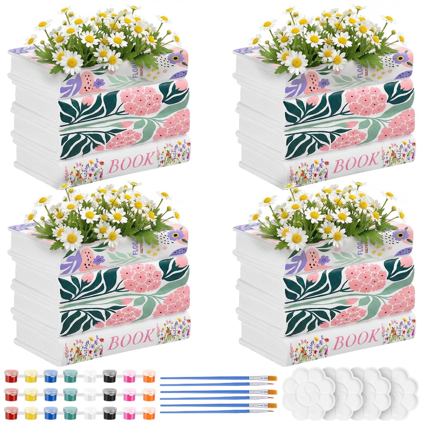 Singhoow 4 Set 3.9 Inch Book Planter Pot Ready to Paint Your Own Ceramic Book Flowers Pot Ceramics to Paint DIY Unpainted Paintable Kit Crafts with Acrylic Brush Palette for Adults