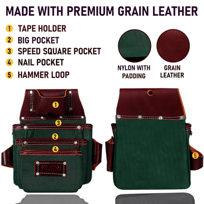 FUERI Electrician's Heavy Duty 26 Pocket Leather-Nylon Tool Belt & Bag Combo for Men, Comfort Back Support Padded Belt, 2 Large Storage Capacity Pouches, Best for Framers, Carpenter, Roofing