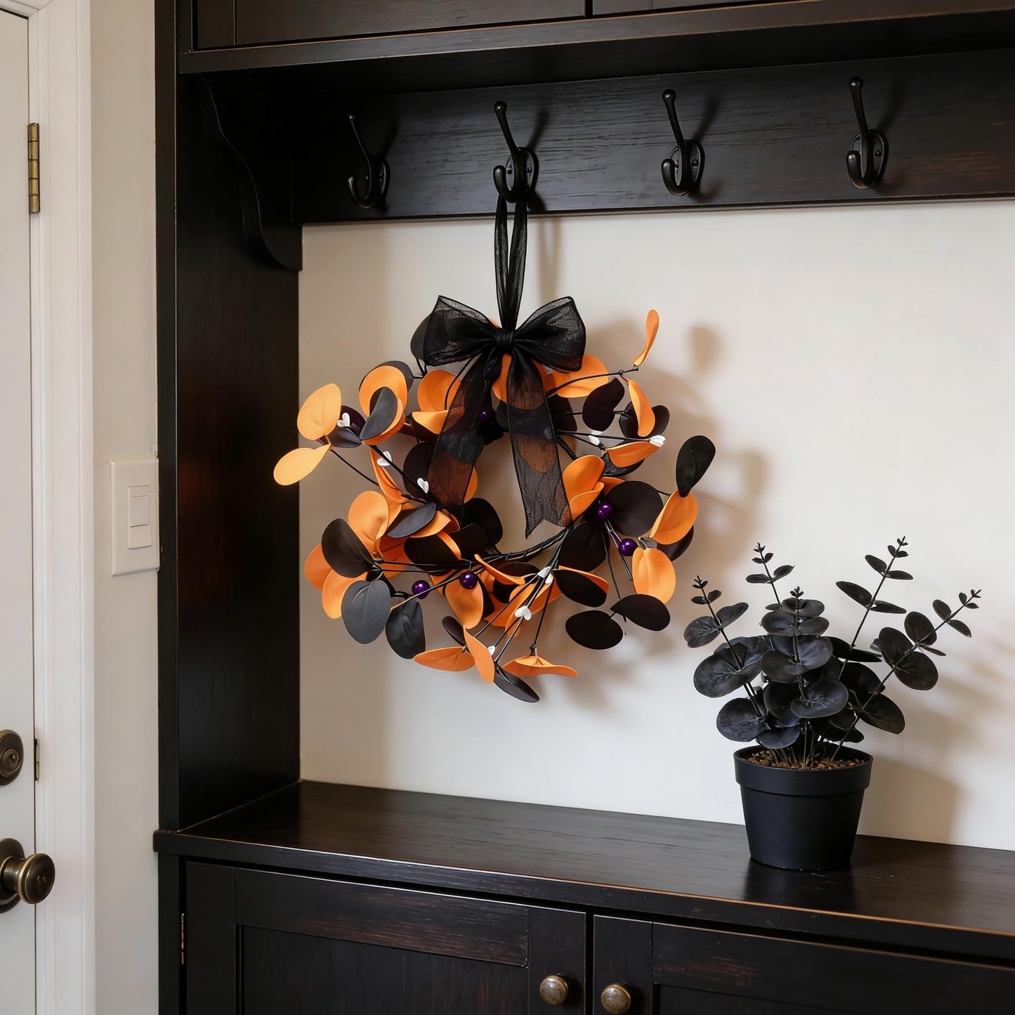 4 Pcs Small Halloween Hanging Wreaths with Artificial Orange Black Eucalyptus Leaves Dark Purple Berry Beads Gothic Mini Cabinet Wreath for Home Table Centerpieces Kitchen Halloween Party Decor