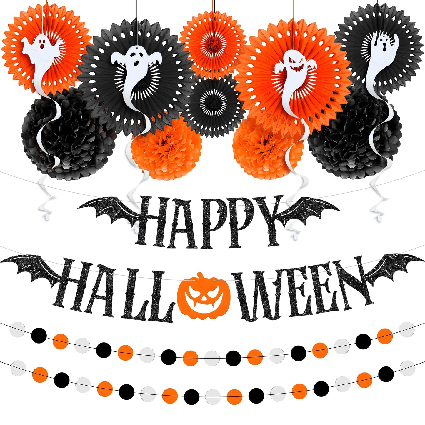 Halloween Party Decoration Set - Pack of 17 and XtraLarge Carnival Backdrop - 72x44 Inch | Halloween Pompom, Happy Halloween Garlands, Halloween Party Decorations | Halloween Carnival Decorations