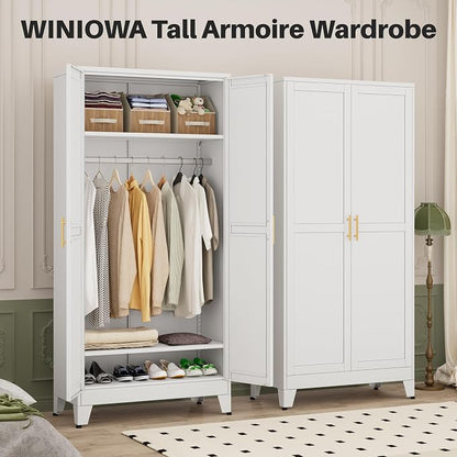 winiowa Metal Armoire Wardrobe Closet with 2 Doors, 71" Wardrobe Cabinet with Adjustable Shelves and Hanging Rod, Clothing Storage Cabinet Closet for Bedroom-White