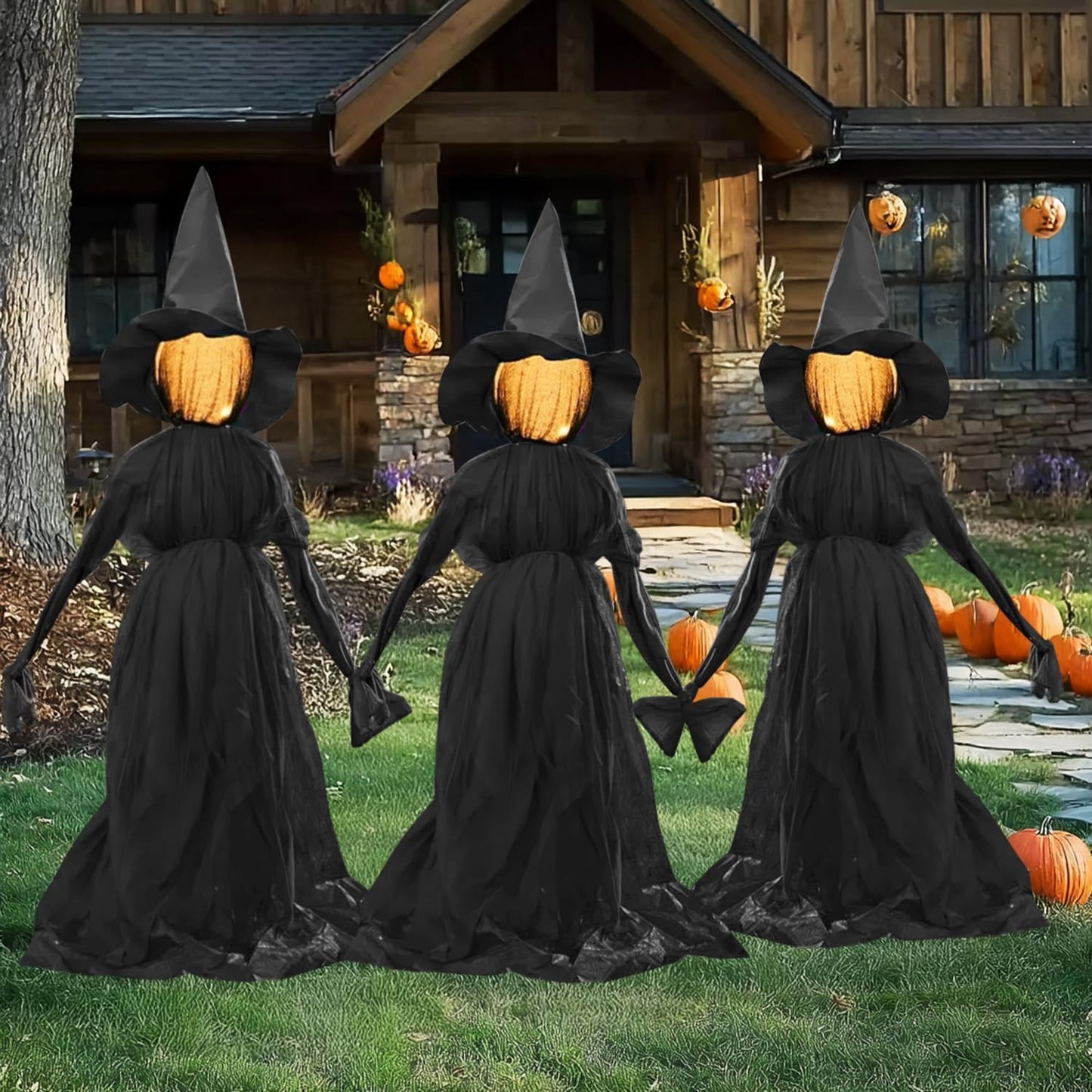 TW SHINE Halloween Witch Decorations Outdoor, 5 FT Set of 3 Holding Hands Witches Stakes with Glowing Face, Lighted Halloween Decor for Party Yard Lawn Porch Garden Haunted House Props