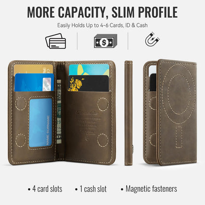 XIMAND Magnetic Wallet Card Holder with RFID Protection, PU Leather Slim Wallet, Strong Magnet Attachment for iPhone 18/17/16/15/14/13/12 Series Pro Max Plus Mini-Brown