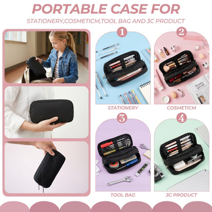Della Gao Large Pencil Case, Big Capacity Pencil Pouch with 2 Compartments, Office Pencil Bag with Zipper, Big Pen Case for Adults (01-Black)