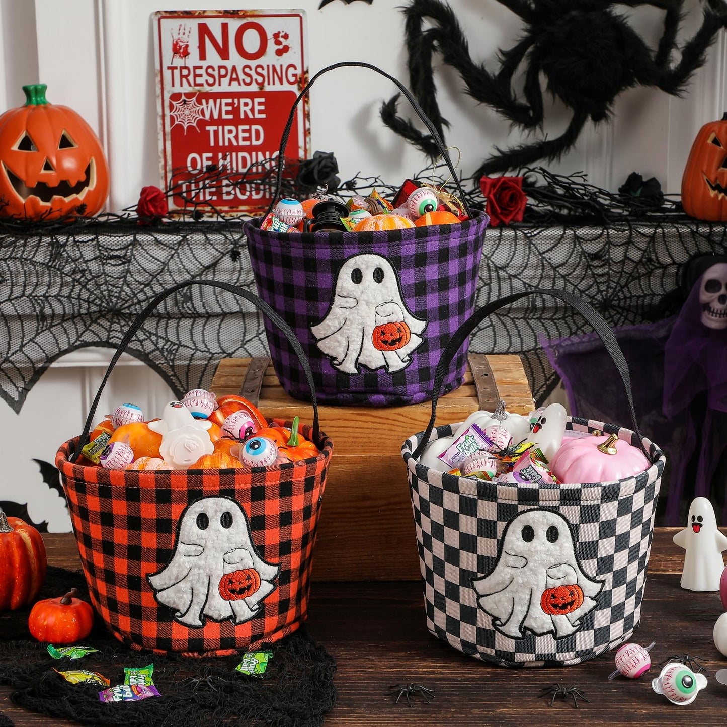 Halloween Bucket, Trick or Treat Basket for Kids Girl Boy Halloween Candy Bucket Gift Basket Canvas Pumpkin Buckets Spooky Boo Baskets Candy Bags Pumpkin Baskets for Party Favor Decorations, Black