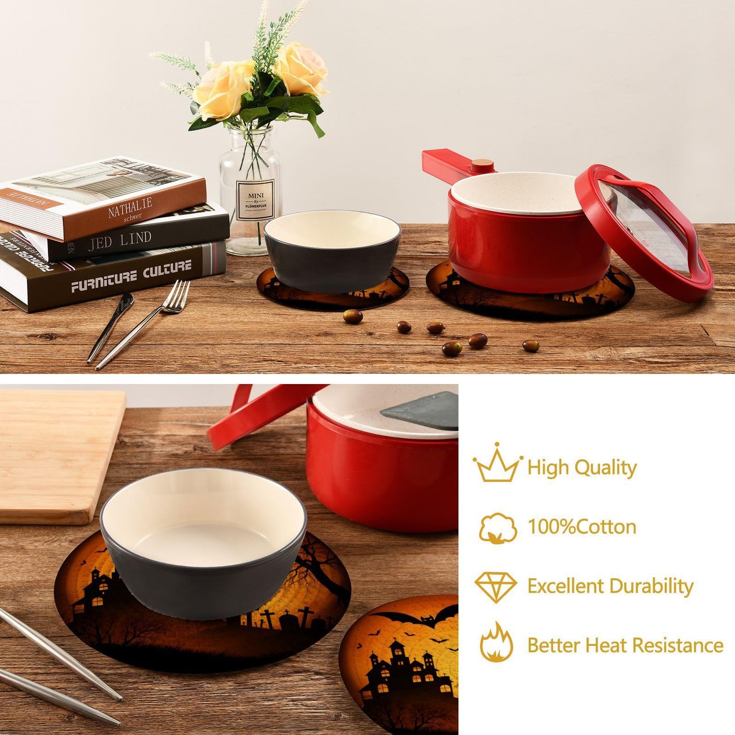 ALAZA Halloween Trivets for Hot Dishes 2 Pcs,Hot Pad for Kitchen,Trivets for Hot Pots and Pans,Large Coasters Cotton Mat Cooking Potholder Set 7