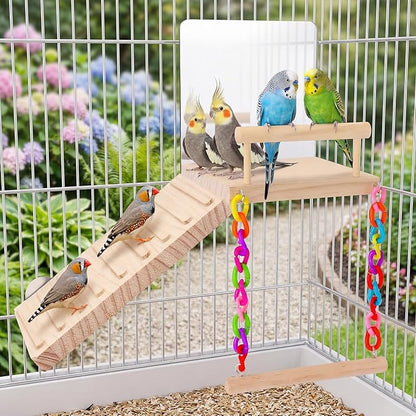 Bird Perch Platform Toy Set (Includes Mirror, Climbing Ladder, and Swing) - Wooden Play Frame, Parrot Cage Accessories, Suitable for Budgerigars, Lovebirds, Canaries, and Various Other Birds