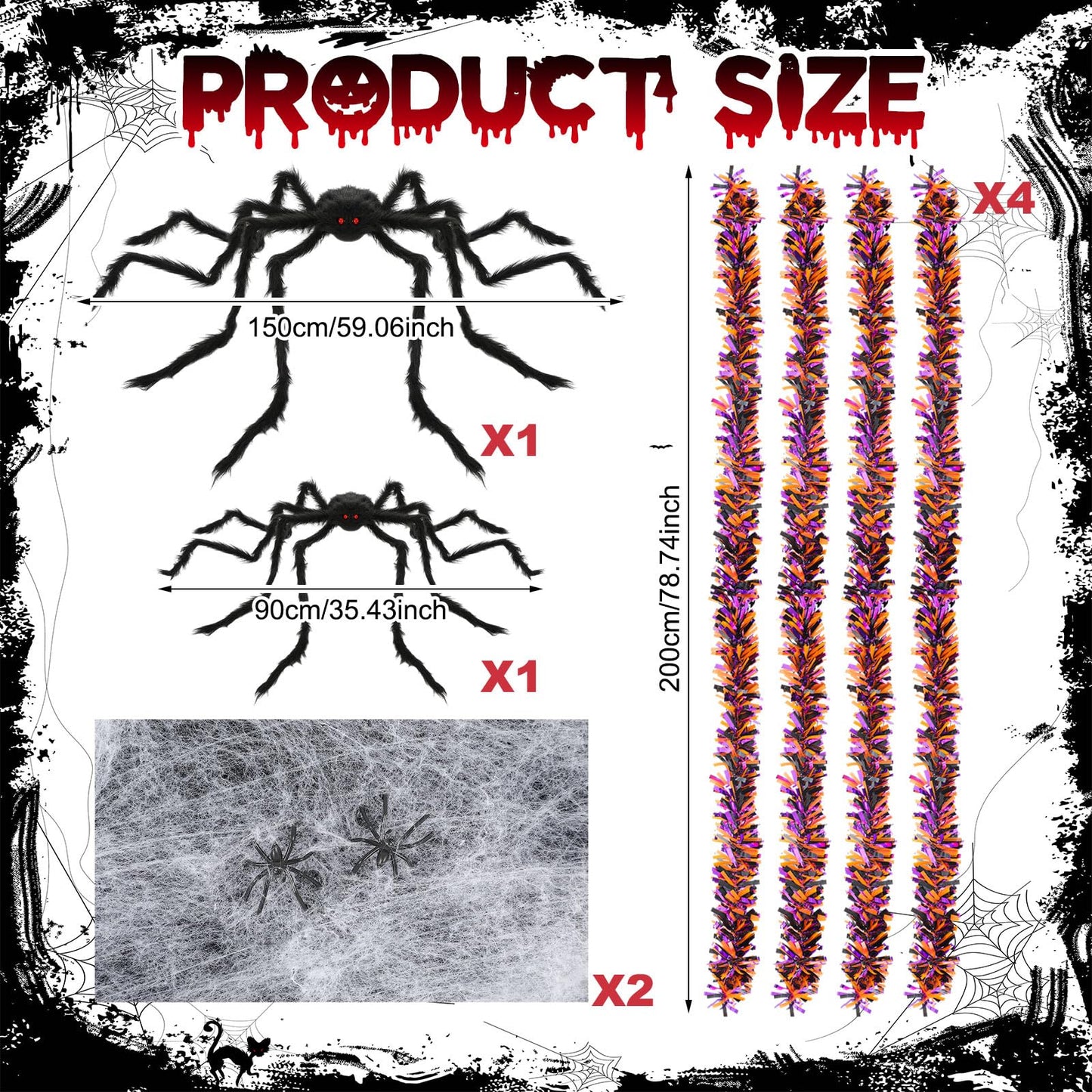 WinnerWhy Halloween Golf Cart Decorations Kit 2 Pcs Giant Spider 4 Pcs Orange Black Purple Garlands with 2 Pack Spider Webs Spooky Golf Cart Decor for Halloween Trunk or Treat Parade