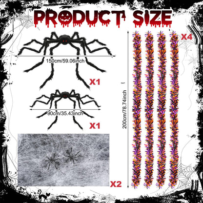 WinnerWhy Halloween Golf Cart Decorations Kit 2 Pcs Giant Spider 4 Pcs Orange Black Purple Garlands with 2 Pack Spider Webs Spooky Golf Cart Decor for Halloween Trunk or Treat Parade