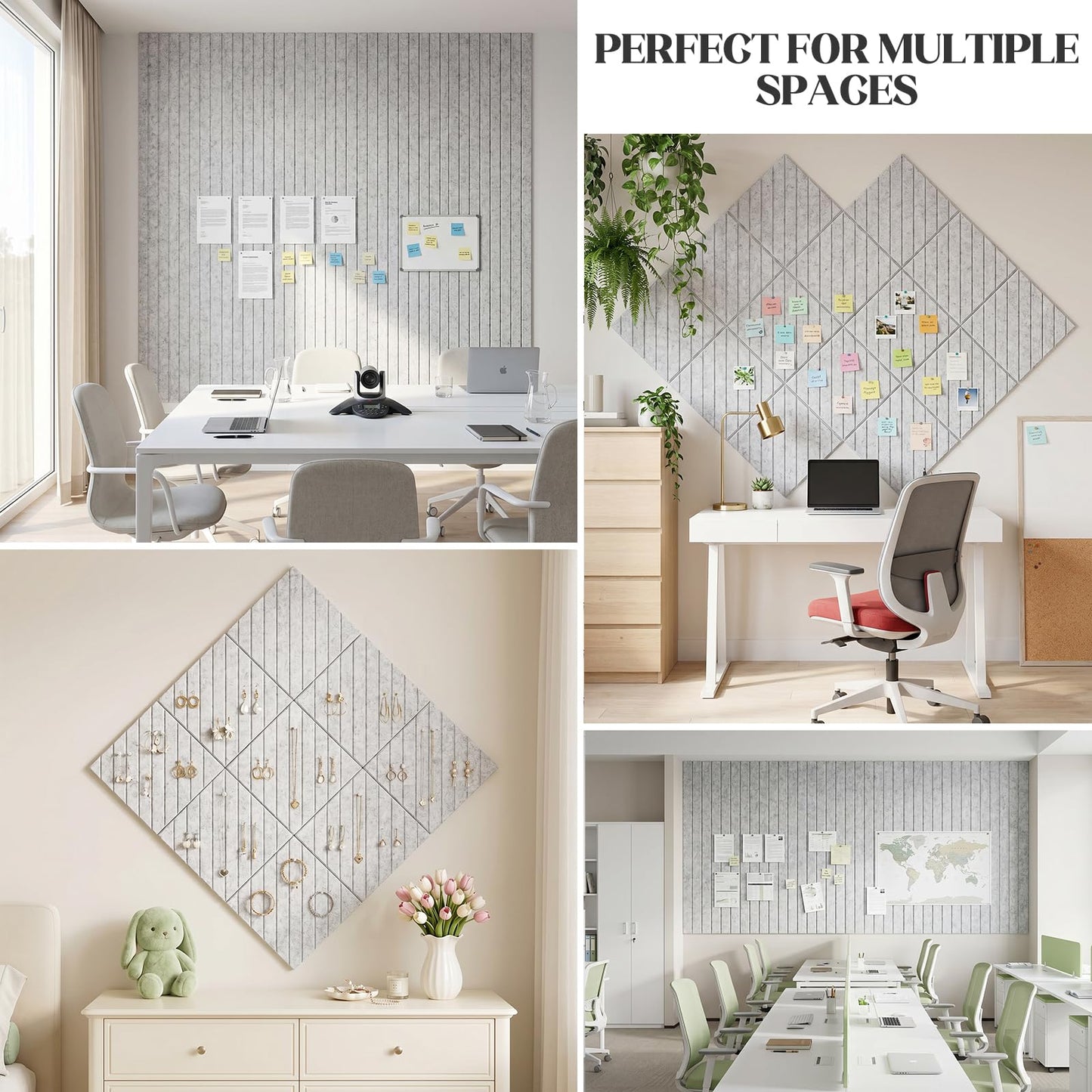 59 x 36 Felt Bulletin Board Tiles - 15 Pack 150g High-Density Sound Absorbing Panels, Slat Wall Cork Board Alternative for Office & Home, Includes 30 Pushpins & 75 Adhesive Tabs, Light Gray