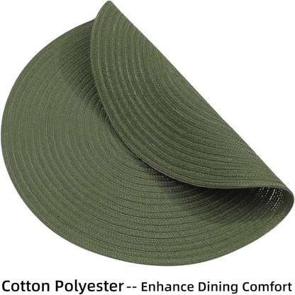SHACOS Round Placemats Set of 8 Washable 15 inch Round Table Mats Cotton Polyester Woven Braided Place Mats for Dining Table Wedding Party Decor (Olive Green, 8)
