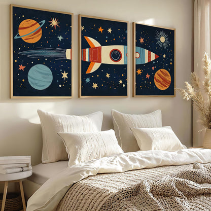 Nursery Wall Art Space Wall Art Set Of 3 Solar System Stars Poster Adventure Space Adventure Travel Posters Prints Rocketship Picture for Boys Girls Kids Children's Bedroom Playroom 12x16Inch UnFramed