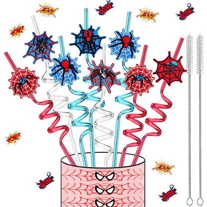LEDUO 24PCS Spider Web Drinking Straws - Man Party Decorations Gifts Supplies-Reusable Plastic Silly Crazy Straws for Kids Boys Girls Spidery Theme Birthday Party Favors Halloween Goodie Bags Stuffers