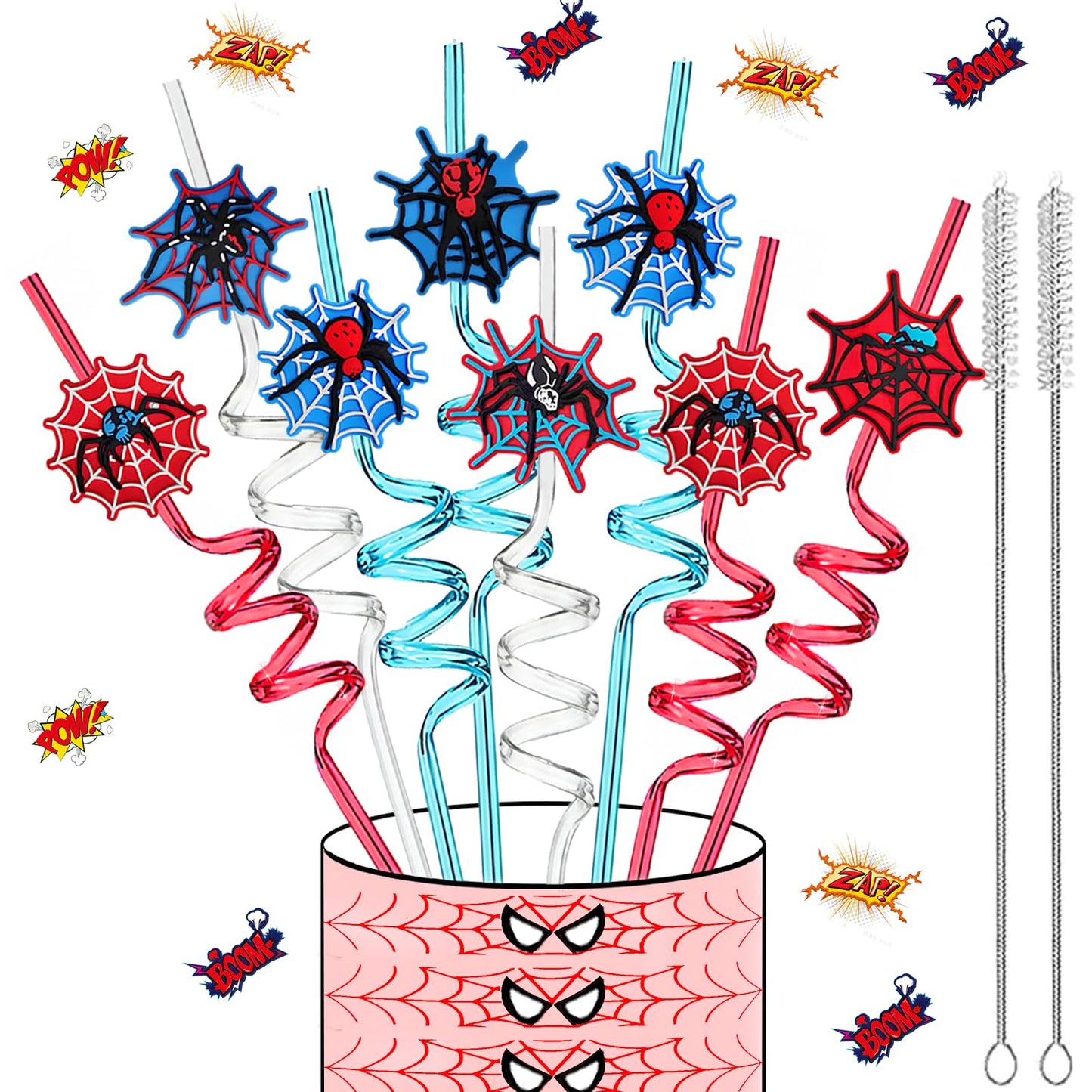 LEDUO 24PCS Spider Web Drinking Straws - Man Party Decorations Gifts Supplies-Reusable Plastic Silly Crazy Straws for Kids Boys Girls Spidery Theme Birthday Party Favors Halloween Goodie Bags Stuffers
