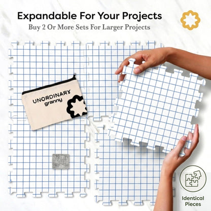 Unordinary Granny Crochet Blocking Board Set – 9 Extra Thick Interlocking Mats with Grid, 150 T-Pins, Felt Storage Bag and Cotton Pouch (Soft White)