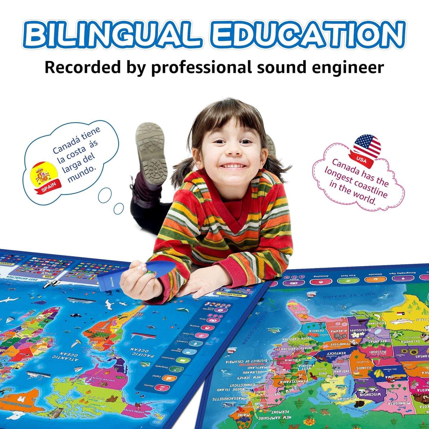 Qiaojoy Bilingual Interactive for Kids Talking USA Map World Map for Kids Learning, Geography Toys Games Educational Electronic Map Personalized Gift/Toys for 4 5 6 7 8 9 10 Year Old Girls/Boys