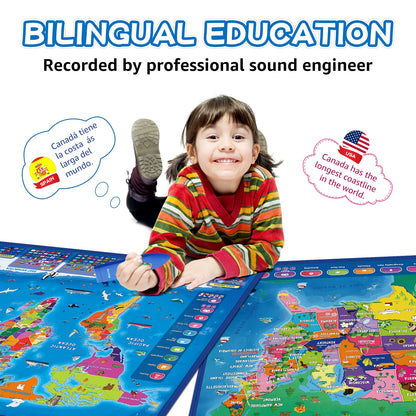 Qiaojoy Bilingual Interactive for Kids Talking USA Map World Map for Kids Learning, Geography Toys Games Educational Electronic Map Personalized Gift/Toys for 4 5 6 7 8 9 10 Year Old Girls/Boys
