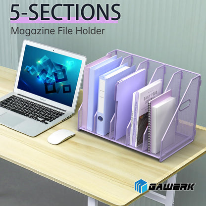 MINDEPOT Desk File Organizer Metal Desk Magazine Folder Holder with 5 Vertical Compartments Rack File Organizer for Office, Home, School (Purple)