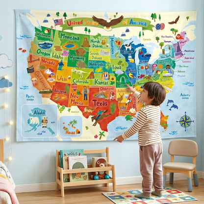 BASHOM TP-008 United states MAP Tapestry 60''x40''(150x100cm) Poster for Kids Educational learning Wall Hanging for Bedroom Living Room Nursery Dorm Home Decor USA America US map