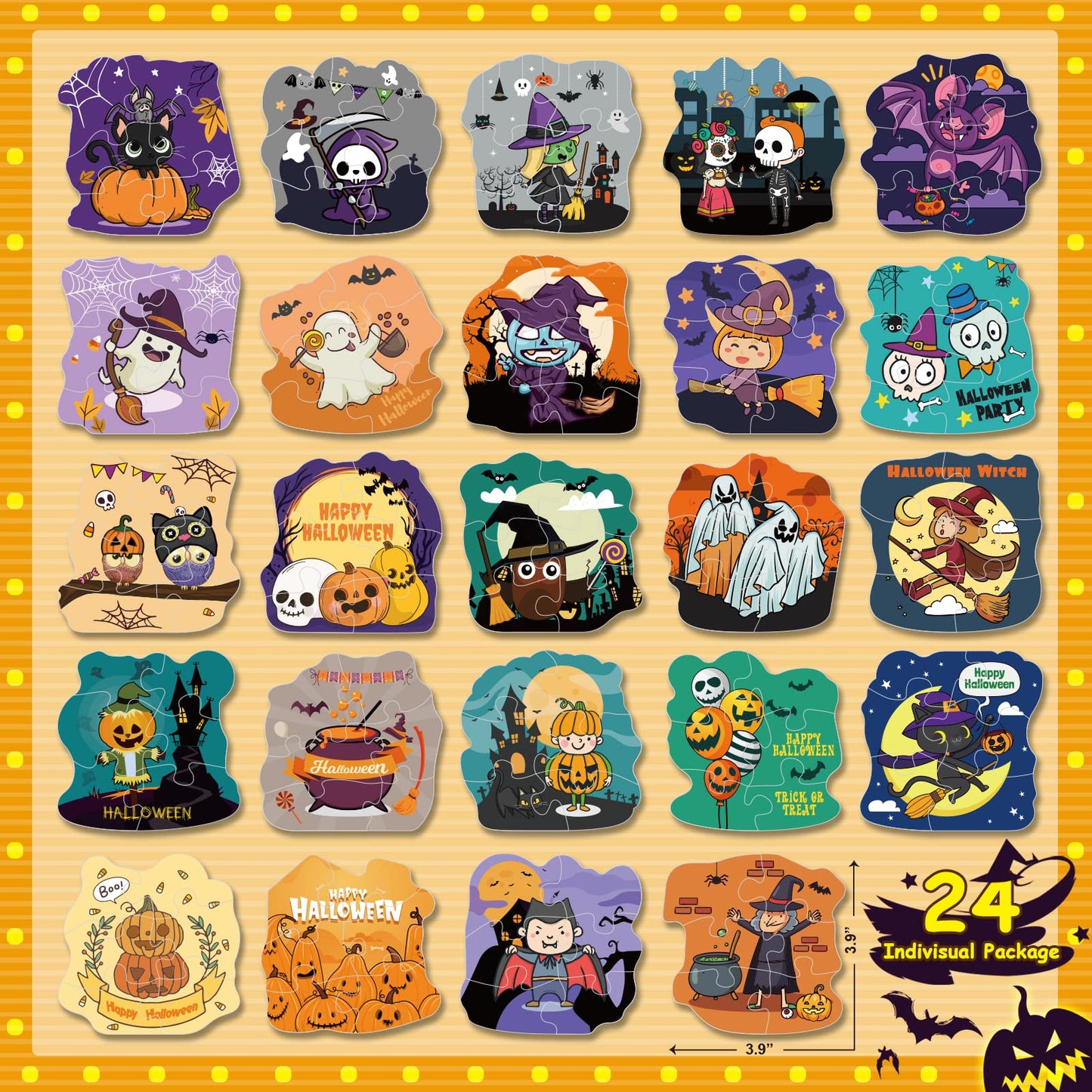 Shemira Halloween Party Favor for Kids, 24 Pack Jigsaw Puzzles in Halloween Theme Designs for Trick or Treating, Halloween Goodie Bag Filler,Miniatures Novelty Toy, School Classroom Reward