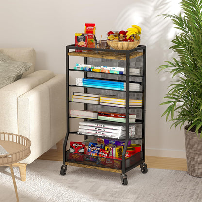 ThreeHio 7 Tier Rolling File Cart with Sliding Trays, Wood Metal File Organizer Beside Desk, Free-Standing File Holder, Paper Letter Tray Organizer Mesh Desk Organizer for Home Office School (Patent)