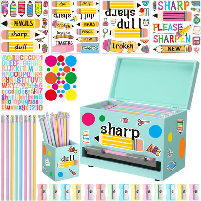 Watersay 108 Pcs Pencil Dispenser Kit for Classroom Wooden Sharp and Dull Pencil Holder 50 Pencils 50 Sharpener 6 Sticker Classroom Teacher Must Have Straw Dispenser for Back to School(Light Green)