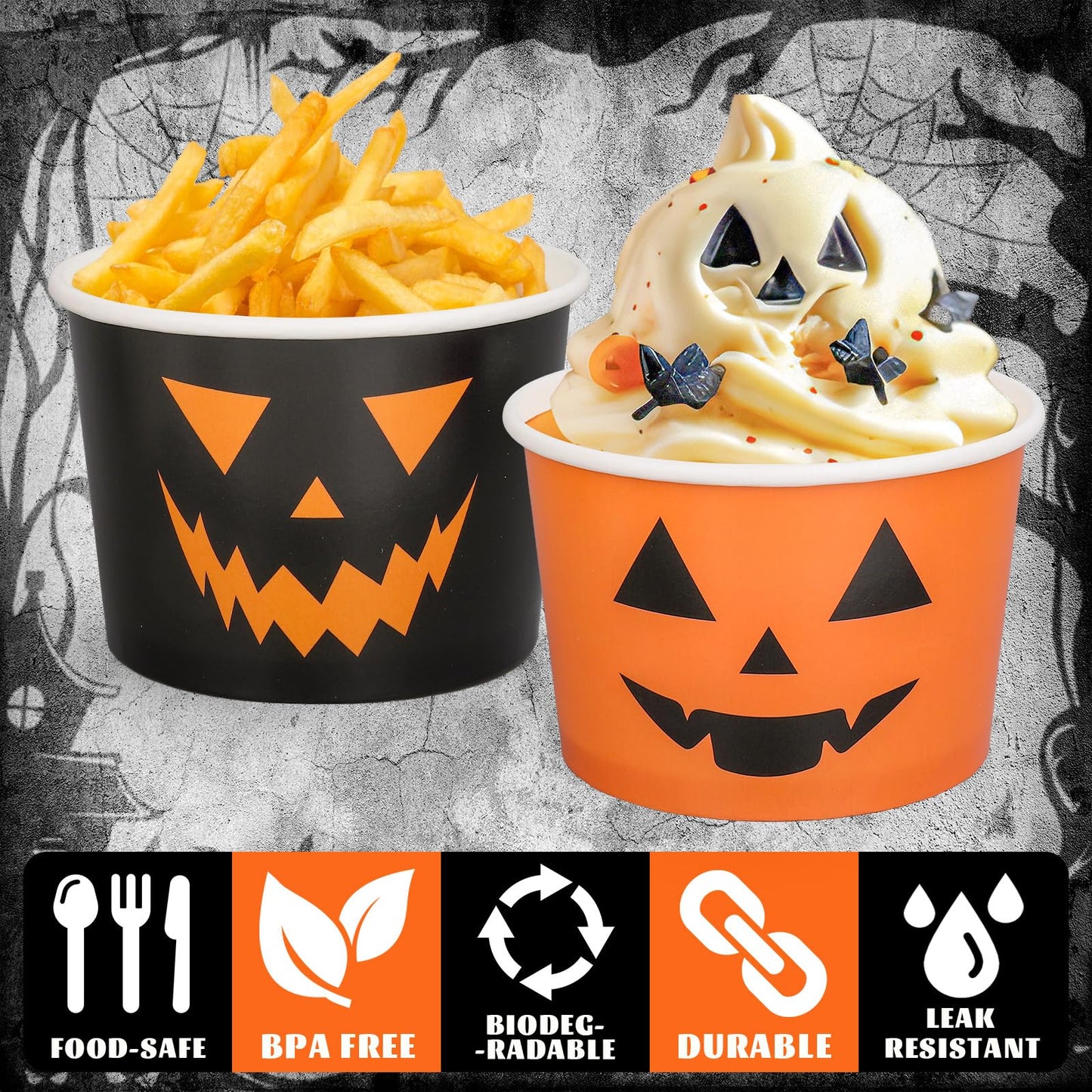 48 Pcs Halloween Treat Snack Cups Pumpkin Ghost Disposable Paper Bowls 9 Oz Paper Cups Dessert Ice Cream Bowls for Trick or Treat Birthday Movie Party Favor Supplies