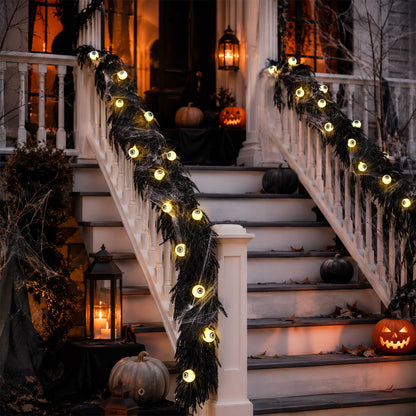 9FT Black Halloween Garland with Eyeball Light String Spider Cotton Spiders