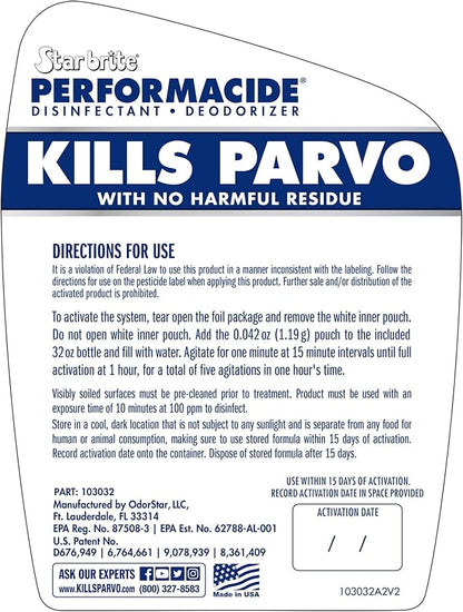 PERFORMACIDE No-Rinse Disinfectant / Deodorizer for Pet Surfaces | Kills Parvovirus, Ringworm, Feline Calicivirus, Avian Influenza (Bird Flu) Eco Friendly, Naturally Dissipates, Refillable, 32 OZ Kit