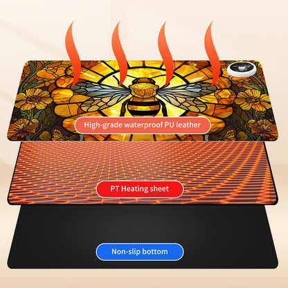 BREIDMKFM Warm Desk Pad,Heated Desk Pad Mouse Mat Gaming,with 3 Heating Levels & 3 Hours Auto Shut-Off,Leather 31.5" x 13" Foot Warmer Keyboard Office Mat,Cute Bee Floral