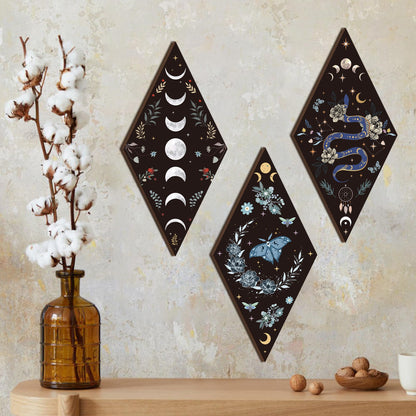 Romart Moon Phase Wall Decor: 4 Pieces Boho Moon Phases Moth Wall Art Wooden Gothic Witchy Hanging Wall Decor Minimalist Wall Pediments for Bedroom Living Room Home Decorations
