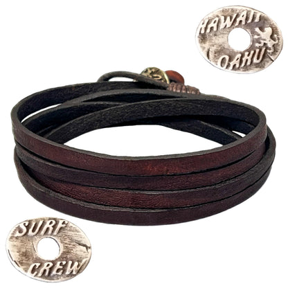 LOCAL LEAGUE Leather Bracelet SURF CREW HAWAII - Dark Brown for Men & Women, Multi-Layer Design - Flat Strap max. 37.4"/ 95 cm in Length, Adjustable Wristband, Wrap from 2 to 5x, for Him, Her, Surfer Style