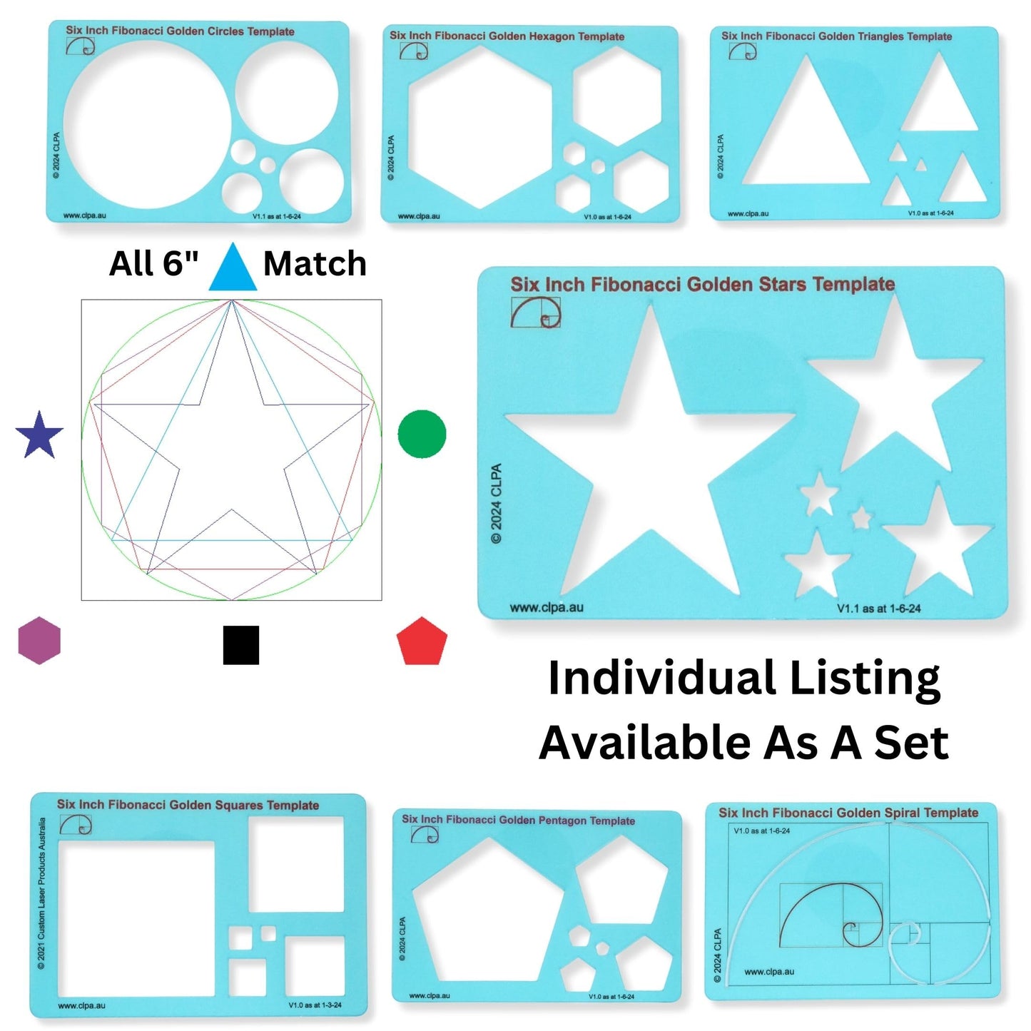 6" Star Stencil Template — Golden Ratio Tool for Drawing — Fibonacci Template — Geometric Stencil for Art, Drafting and Quilting — Clear PETG — Made in Australia