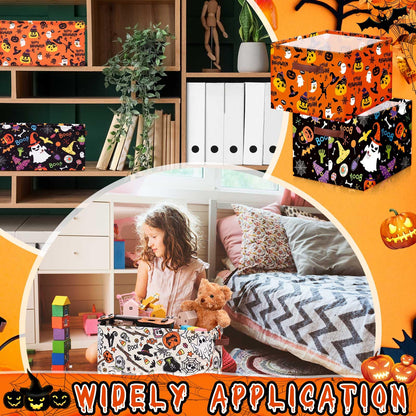 Boao 3 Pack Halloween Ghost Basket with Handles Collapsible Large Canvas Storage Baskets Boo Spooky Skull Pumpkin Cat Foldable Storage Bins Organizer Bins for Trick or Treat Gifts Bedroom Home Office