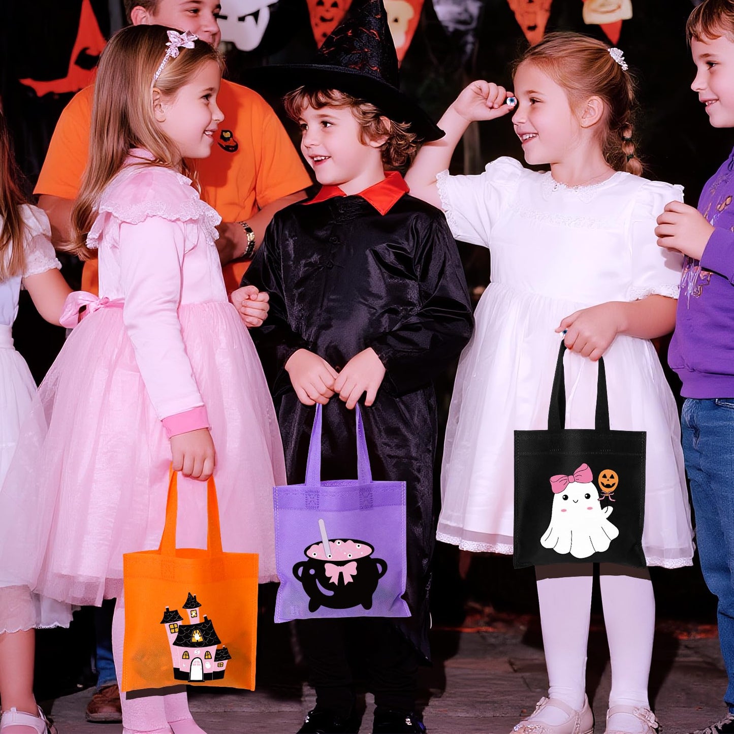 RSCPTOY 20pcs Pink Purple Girl Halloween Treats Bags - Cute Ghost Witch Cauldron NonWoven Candy Bag Gift Tote for Little Boo Baby Shower Party Supplies Summerween Party Decorations