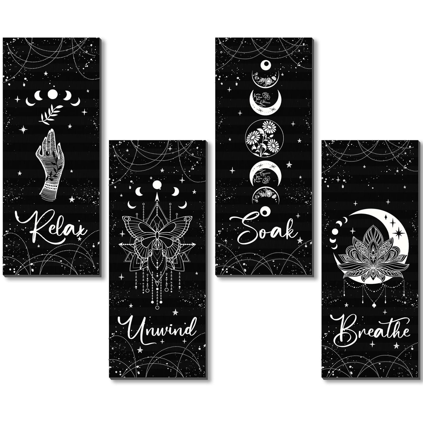 Qunclay 4 Pcs Moon Phase Wall Decor Rustic Boho Wall Art Gothic Witchy Hanging Wooden Ornament Farmhouse Moon Sign for Bedroom Living Room Home Decorations(Black,White)