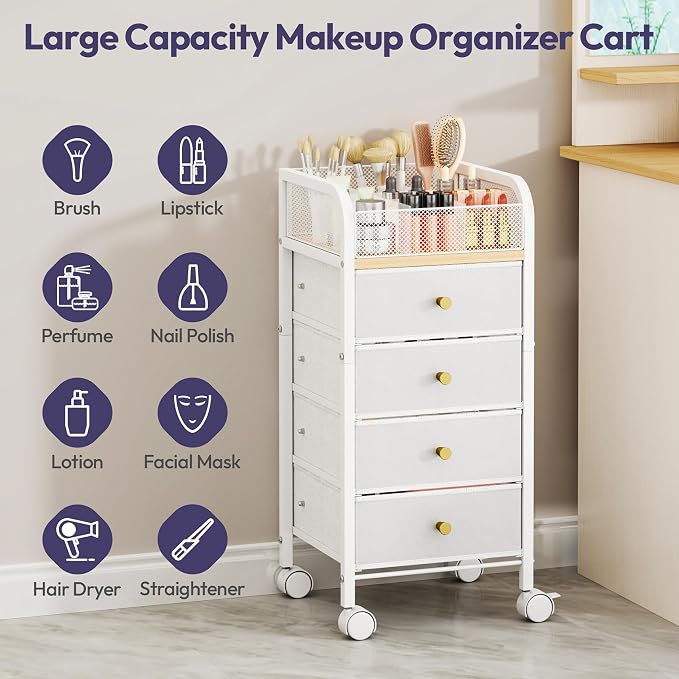 SWTYMIKI Rolling Makeup Organizer Cart - Under Desk Vanity Makeup Storage with 4 Non-woven Drawers, Nail Cart Organizer Cosmetic Display Cases Cabinet for Skin Care Perfume Nail Polish Brush Hair Tool