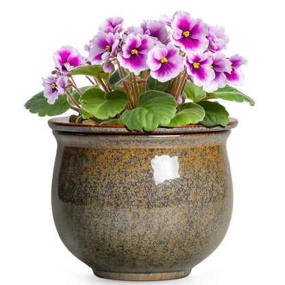 Teagas Self Watering Planters for Indoor Plants, 6 Inch Ceramic African Violet Pots with Absorbent Inner Pot, Ceramic Plant Pot, Round Flower Pots, Bathroom Decor, Housewarming Gifts, Yellowish Brown