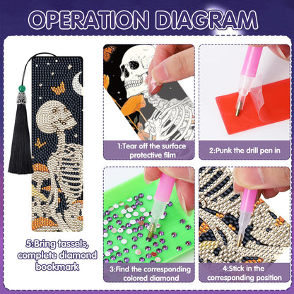 Sitsink Skull Diamond Art Bookmarks - 6 Pcs Halloween Gothic Diamond Painting Bookmarks Flower Mushroom Buttrefly DIY Gem Art Rhinestone Craft Kit for Adult Women Halloween Day of The Dead