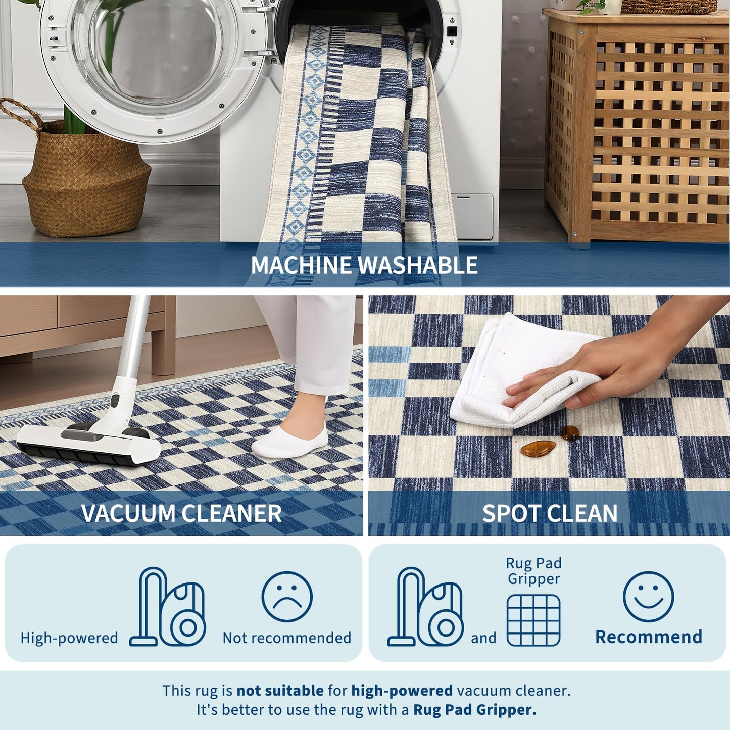 GarveeHome 5x7 Area Rug for Baby Room Non-Slip Low Pile Stain-Resistant Living Room Carpet Modern Abstract Checkered Dining Rugs No-Shedding Machine Washable Area Rug for Dorm Home Office Bedroom Blue