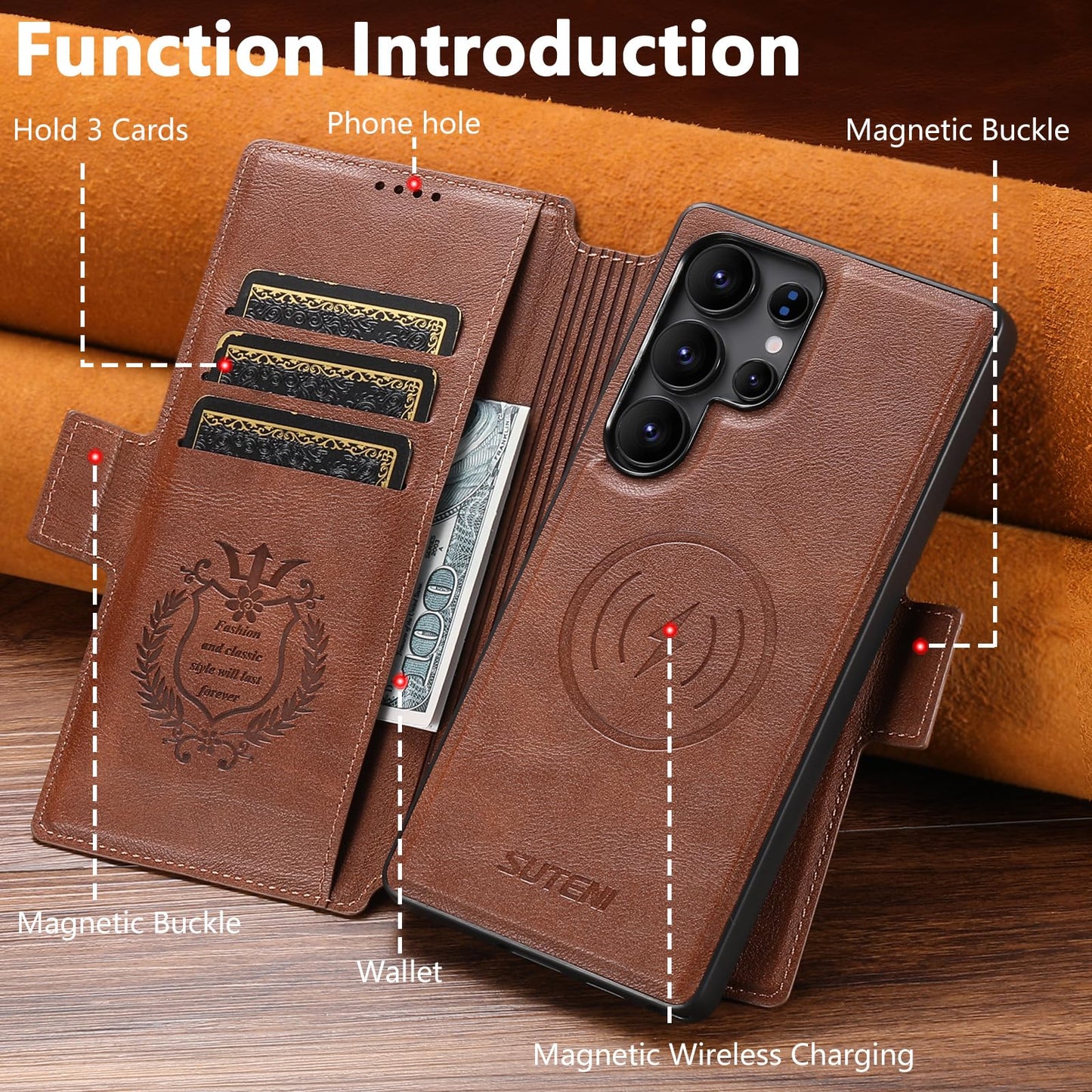 SINIANL for Samsung Galaxy S26 Ultra Leather Wallet Case Compatible with MagSafe Wireless Charging, Detachable Leather Cover with Card Slots Holder, Kickstand, Magnetic for Galaxy S26 Ultra Brown