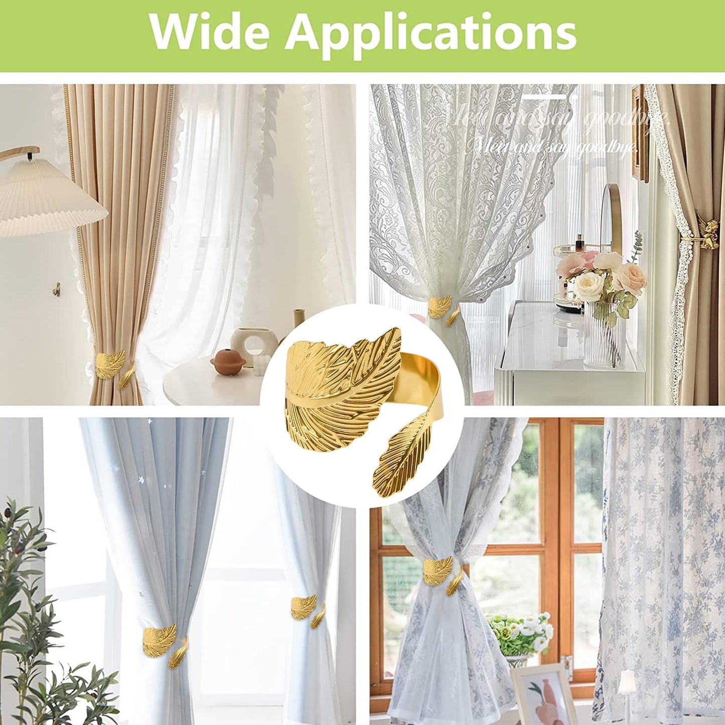 UFURMATE Curtain Tie Backs, 6Pcs Metal Decorative Golden Leaf Curtain Tiebacks Creative Curtain Rope Buckles Spring Drape Holder Clips for Home Office (Gold)
