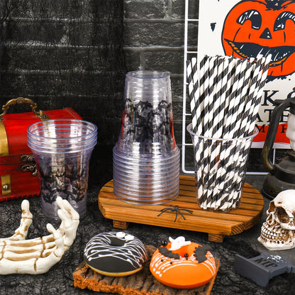 Whaline 50Pcs 12Oz Halloween Plastic Cups with Lids & Straws Black Bat Disposable Clear Drinking Cups for Home Party Supplies