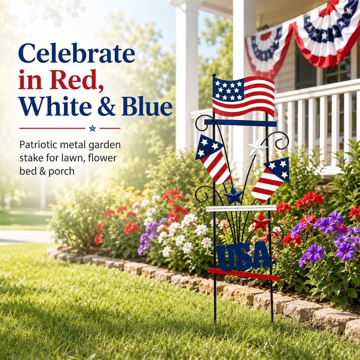WKHOMEDECO 4th of July Decorations Outdoor, 30 Inch Metal Patriotic Garden Stakes, USA Yard Sign with American Flag, Red White and Blue Yard Decorations for Memorial Day Lawn Porch