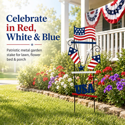 WKHOMEDECO 4th of July Decorations Outdoor, 30 Inch Metal Patriotic Garden Stakes, USA Yard Sign with American Flag, Red White and Blue Yard Decorations for Memorial Day Lawn Porch