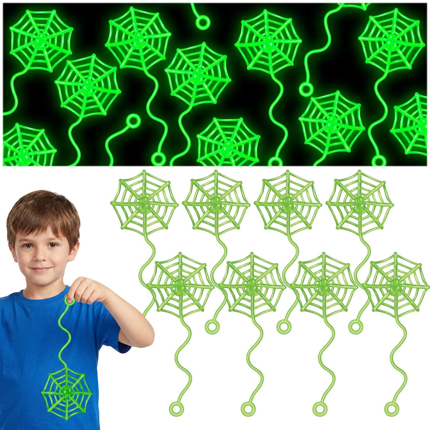Thenshop 60 Pcs Halloween Sticky Spider Web Party Favors Glow in the Dark Sticky Web Hand Toys for Kids 6.3 Inch Goodie Bag Stuffers for Classroom Prizes Birthday Party Supplies
