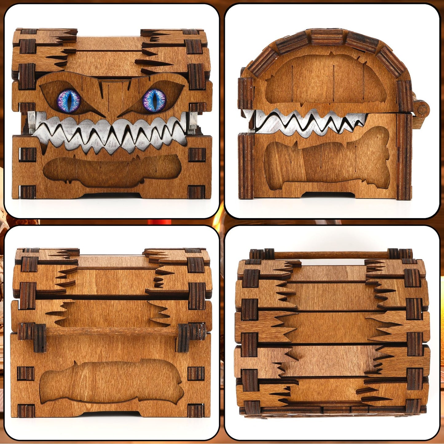 JULEASEL Mimic Dice Box – Wooden Monster Treasure Chest with Teeth & Blue Eyes, Halloween Desk Decor Creepy Box, Funny Dice Storage for Tabletop RPG & Fantasy Games (Starfang)